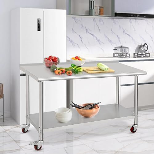 Image of 60x24x35inch Double Layer Stainless Steel Work Table with Caster Wheels & Backsplash