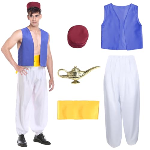 XLZJYIJ Costume Prince Arabe Homme, Ensemble de Costumes Arabes avec Gilet, Pantalons Longues, Lampe, Chapeau et Ceinture pour Hommes Costume d'Halloween Cosplay Carnaval Fêtes Déguisement (M)