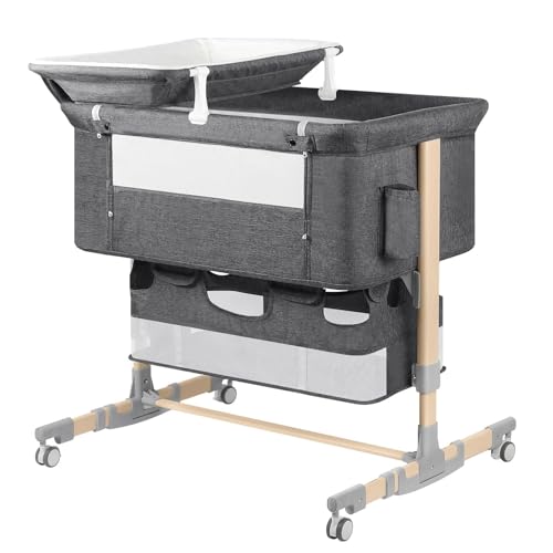 Image of UNISWAN Baby Bassinet Bedside Sleeper with Diaper Changing Station + Mosquito Net + 16gallon Capacity Storage, Adjustable & Portable Bassinet Cosleeping Baby Bed (Wooden Grey)