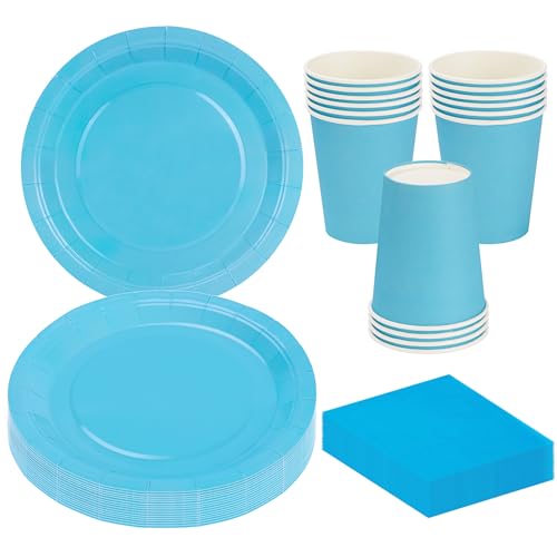 MestectPET 56 Piezas Vajilla Azul para Fiestas, Platos Vasos y Servilletas de Papel para 16 Invitados, Ideal Juego de Vajilla para Cumpleaños Bodas Aniversario Baby Shower Barbacoas