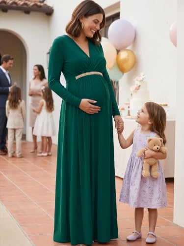 Image of KOH KOH Womens Maternity Long Sleeve V-Neck Flowy Winter Maxi Dress Gown