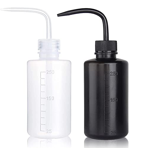 Plastic Squeeze Bottle Safety Rinse Bottle Wash Bottle Squeeze Watering Can Water Squirt Irrigation Bottle Tattoo Wash Bottle Medical Lab, Tattoo Supplies Bend Mouth and Scale Mark White/Black 250ml