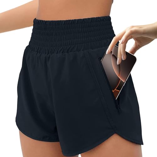 Womens 2 in 1 Running Shorts with One Side Pockets Double Layer Quick Drying Lightweight Activewear Shorts for Workout Sport Training Jogging Gym
