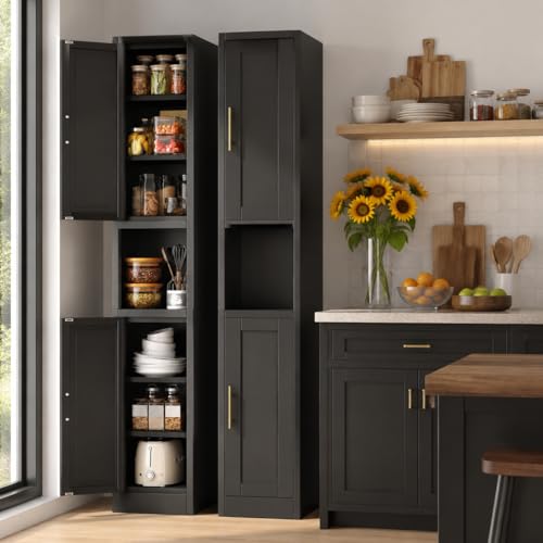 Image of Tall Narrow Pantry Cabinet for Kitchen, 67 inch H Metal Storage Cabinets with Doors and 3 Adjustable Shelves for Dining Room, Living Room and Home Office (12 inches Wide Black)