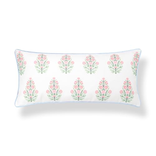 Hofdeco Premium Coastal Grandmillennial Patio Indoor Outdoor Lumbar Pillow Cover Only 12x26 Water Repellent for Backyard Couch Poolside Pink Green Print Flower