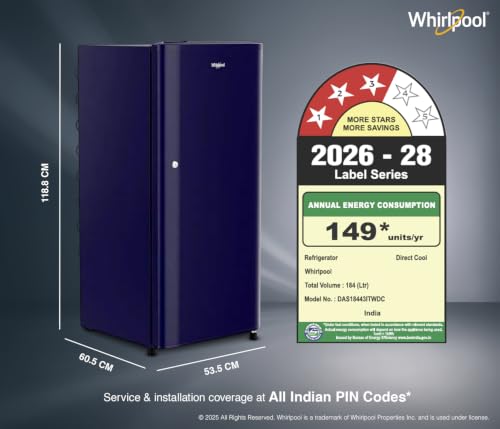 Image of Whirlpool 184 L 3 Star Direct-Cool Single Door Refrigerator (205 WDE CLS 3S SAPPHIRE BLUE-Y, Blue, 2026 Model)