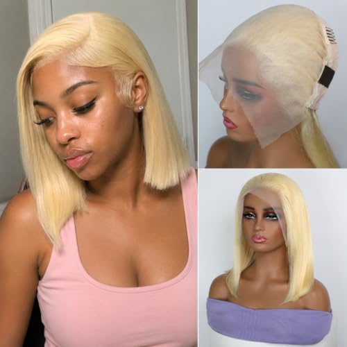 Blonde 613 Bob Wig Human Hair 13x6 Lace Front Wig Straight Transparent Lace Glueless Wig Pre Plucked with Baby Hair 180 Density Brazilian Remy Short Bob Wigs for Black Women-16 Inch 613 Bob Wig