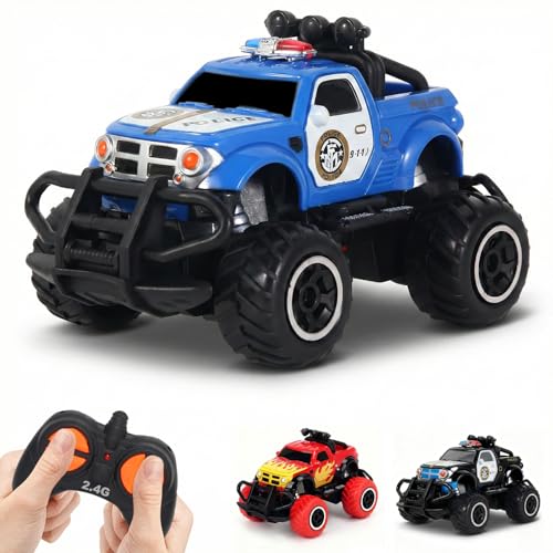 Pup Go polisbil fjärrstyrd med ljus för barn 3–9 år, robust polisbil leksak småbarn, mini RC bil monstertruck offroad inomhus utomhus, jul födelsedagspresent pojke, blå