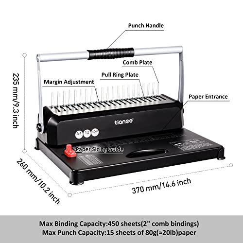 TIANSE Binding Machines, 21-Holes, 450 Sheets, Comb Bind Machine Book Maker with 100 PCS 3/8\'\' Comb Binder Spines Starter Kit, Comb Binding Machine for Letter Size, A4, A5 or Smaller Sizes