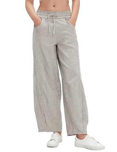 Women's Striped Barrel Pants Drawstring Waist Wide Leg Trousers Pockets Casual Comfort for Office Lounge Travel(Ivory-M)