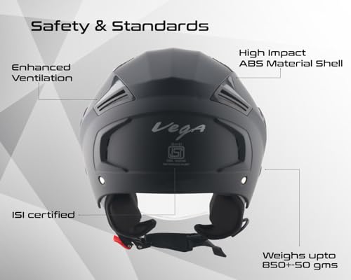 Image of Vega VO-05 Clark ISI Certified Open Face Motorcycle Helmet with High-Impact ABS Shell, Scratch-Resistant Visor, Comfortable Breathable Inner Padding & Secure Strap - Dull Black - M