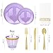 Rubtlamp 350 Pcs Clear Purple Plastic Plates, Gold Plastic Dinnerware Set (50 Guests), Purple Disposable Plates With Gold Rim, Hammered Party Plates Set for Wedding And Party