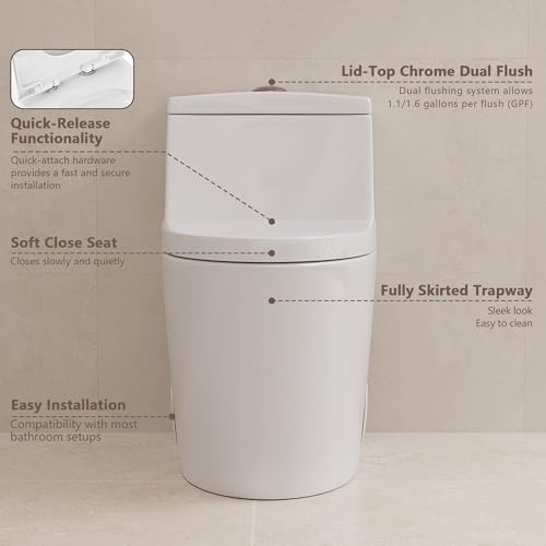 Deer Valley Elongated One Piece Toilet with Soft Close Seat, Dual Flush (1.1/1.6GPF) High-Efficiency Modern Bathroom Toilet Bowl with 17" Comfortable ADA Seat Height, 12" Rough-In, White, F52636-01