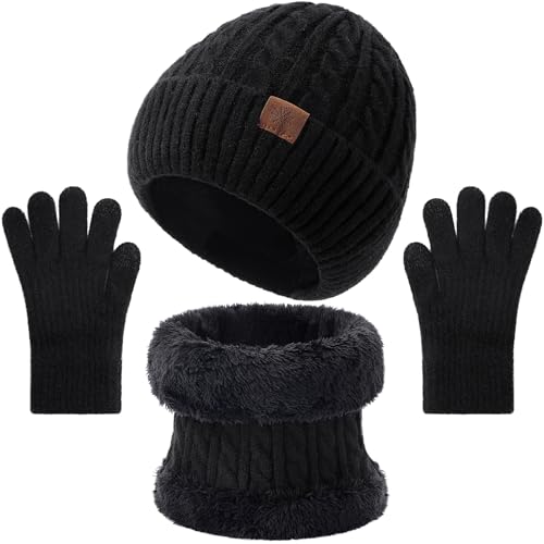 Kids Winter Hat Gloves Scarf Set - 3 Pcs Boys Girls Winter Beanie Sets 8-15 Years Warm Beanie Fleece Lined Knitted Hats Black - image 1
