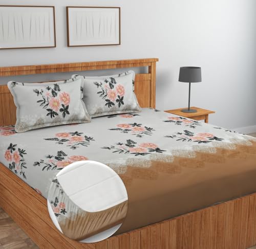 Image of NEW LEAF Pure Cotton Full Elastic Fitted Bedsheets for Double King Size Bed with 2 Pillow Covers 220 TC Supersoft |Wrinkel Free Bed Cover Size - 72x78+10 inches, Pink Rose
