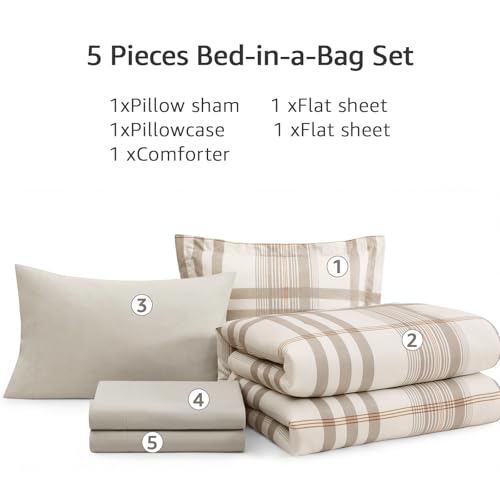 Image of MaiReve Twin XL Comforter Set Brown Grey, Classic Plaid Farmhouse Bedding Sets 5 Pieces for Boys Girls Teen, All Season Bed in a Bag for Dorm with Sheets, Pillowcase & Sham