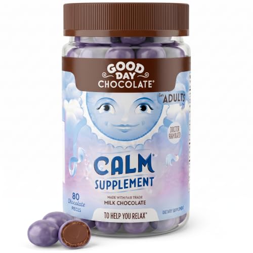 Good Day Chocolate Natural Calming Supplement for Adults Blend of Camomile Theanine Magnesium Fair Trade and Non-GMO Chocolate 80 Pieces