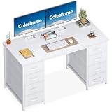 Coleshome Bureau avec 8 Tiroirs en Tissu, 120x48cm, Blanc