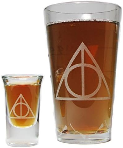 Deathly Hallows - Juego de regalo de calderera de pinta y chupito, vaso de cerveza de 16 onzas y vaso de chupito de 1 oz