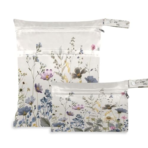 ATTX Watercolor Wildflowers Wet Dry Bags 2-Pack - Reusable Cloth Diaper Storage for Travel, Beach & Gym | Multi-Use Waterproof Bags for Swimsuits, Baby Clothes, Sports Gear#139