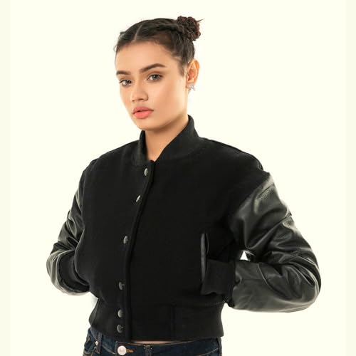 Cropped Jacket Varsity Letterman Crop Jackets for Women Wool Body Leather Sleeves Full Wool/Leather/Sublimated Jacket2