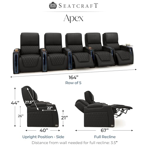 Image of Seatcraft Apex Black Italian Leather Home Theater Seating, Zero Gravity Power Recliner, Powered Headrest and Lumbar Gaming and Home Office Chair, Lounge Sofa Furniture for Cinema Room, Row of 5