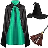 Boyiee 3 Pcs Kids Witch Costume Reversible Cape Wizard Hat Broom Wizard Vampire Cloak for Carnival Mardi Gras World Book Day(Green, Black)
