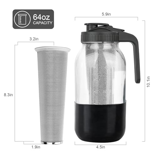Image of Cold Brew Coffee Maker, 64oz Mason Jar Pitcher with Stainless Steel Filter, Leak-Proof Lid with Pour Spout & Handle, Heavy Duty Glass Iced Coffee Tea Brewer with Protective Silicone Sleeve-Black