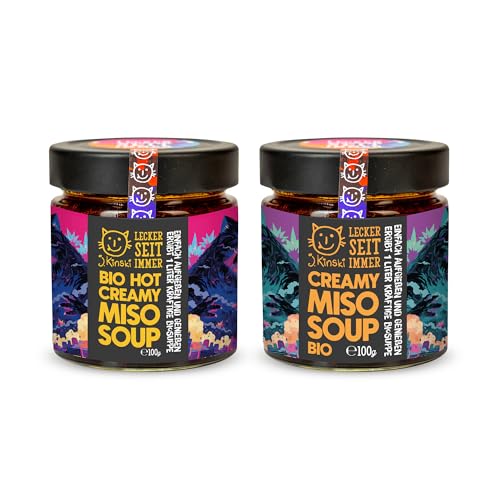 J.Kinski® Bio Miso Suppe Twins Hot & Creamy (2x 100g) | Instant | Cremig-scharf, mit Bio Miso aus Japan, ohne Zusatzstoffe | Gut als Ramen Brühe, ergibt ca. 3l Suppe | Asiatische Lebensmittel