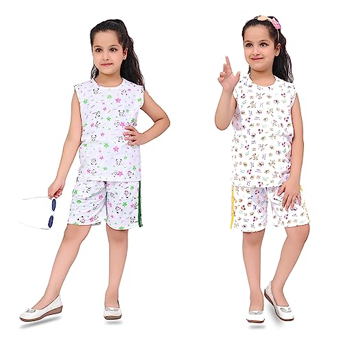 Image of SK Wardrobe Girls T-Shirt & Shorts Night Suit Set | Kids Cotton Sleepwear | Soft & Breathable Summer Nightwear | Comfortable Home Wear & Lounge Dress for Girls | Pack of 2