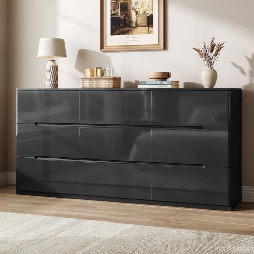 Image of Black Dresser for Bedroom, 60.2 inch Wide 9 Drawer Dresser, Modern High Gloss Dresser Chest of Drawers, Wooden Dressers Organizer for Bedroom, Closet