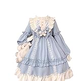 Blue Lolita Princess Dress Kawaii Long Sleeves Sweet Girl Chiffon Fancy Dress with Bow and Bear Doll L