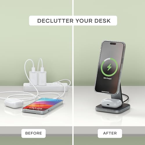 Image of Satechi 2 in 1 Wireless Charger, Qi2 15W Dual Wireless Charger Stand, Magnetic, Foldable Travel Charger Station for iPhone 17 to 12 Series, and AirPods Pro 4 /3 /2