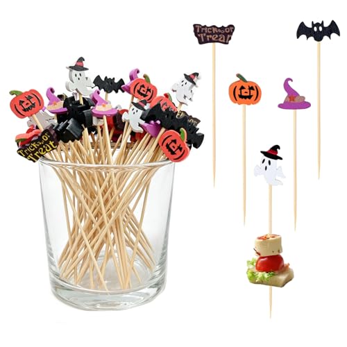 100 Pack Halloween Toothpicks for Appetizers 4.7 Inch Natural Bamboo Cocktail Picks for Cake Pops Fruit Skewers Dessert Toppers & Spooky Party Decorations Supplies