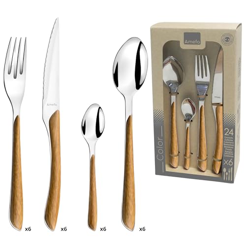 Amefa ECLAT Besteck Set NATURE Braun Holz Essbesteck 24-teilig für 6 Personen Edelstahl rostfrei Kunststoff-Griffschalen in Holzoptik...