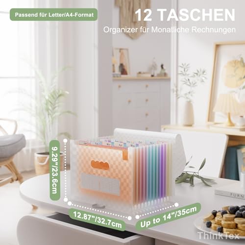 ThinkTex Accordian Aktenordner, 12 Fächer, erweiterbare Aktenordner, tragbarer monatlicher Rechnungsbeleg-Organizer, bunte Registerkarten, A4-Größe – Orange