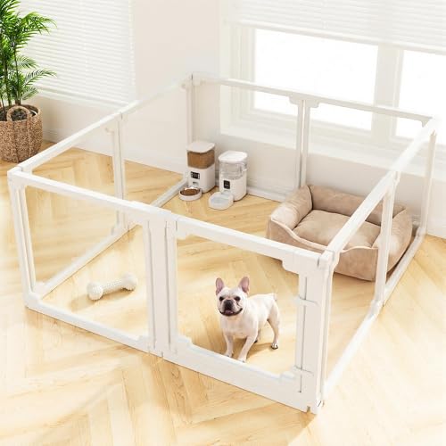 Pawaura Clear Acrylic Dog Playpen Indoor,Tool-Free Assembly & Easy Clean,24 in Puppy Playpen with Door for Small Dogs/Cats/Rabbits/Pigs/Ferret,Indoor and Outdoor Use,8 Panels(White