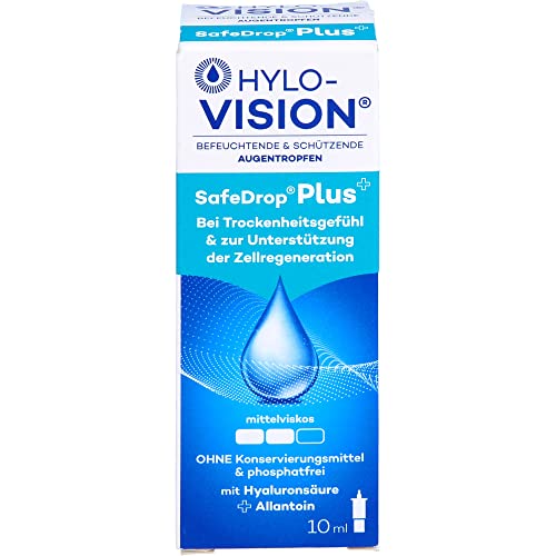 Hylo-Vision SafeDrop Plus Augentropfen – Bei trockenen und gereizten Augen, unterstützt die Zellregeneration, mittelviskos, konservierungsmittelfrei, geeignet bei Kontaktlinsen, 10 ml