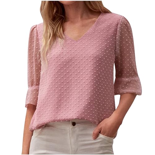 NZYIHAO Blusa de gasa para mujer, cuello de pico, elegante, monocolor, camiseta de verano, camiseta de media manga, ligera, holgada, cómoda, túnica para mujer, camiseta larga, camiseta de blusa,