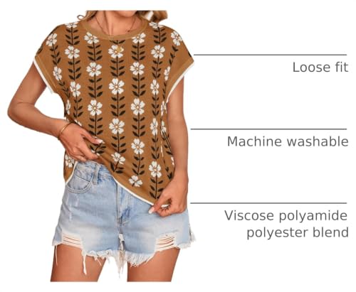 Image of ZESICA Women's Summer Trendy Knit Top 2026 Floral Print Short Sleeve Crewneck Loose Fit Sweater Vest Going Out Clothes