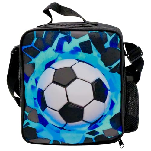 inheming Football Lunch Box Bag 3D Football Insulated Lunch Bag for Boys Girls Reusable Cooler Tote with Drink Bottle Holder and Adjustable Shoulder Strap