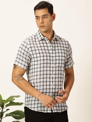 Image of Thomas Scott Men's | Checks | Half Sleeve | Slim Fit | Jute Linen | Spread Collar | Casual Shirt
