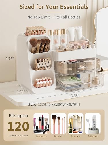 Image of Booklov Makeup Organizer for Vanity, Large Capacity Cosmetic Display Case with Clear Acrylic Drawer, Countertop Beauty Storage Holder for Skincare, Brush Eyeshadow Lipstick Counter Desk, Crystal White