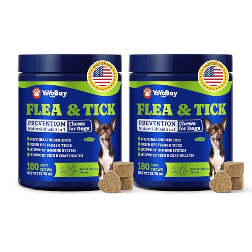 Image of Flea & Tick Prevention for Dogs Chewables, YoYoBay Natural Dog Fleas and Ticks Control Supplement, Dogs Supplement, Natural Shield 5-in-1 Protection, Beef & Carrot Flavor, 180 Soft Chews *2 Pack