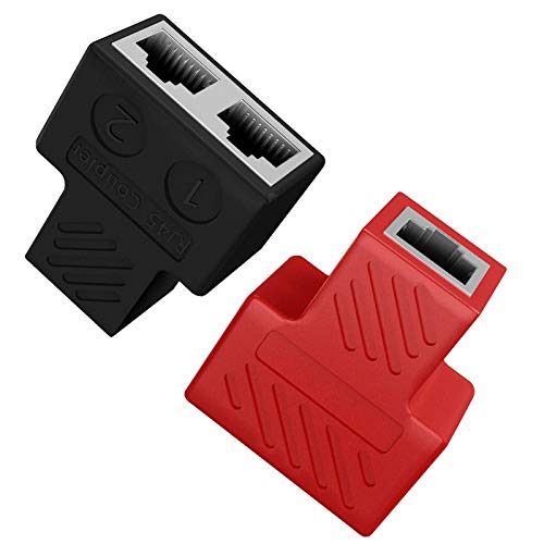 RJ45 Splitter Connectors Adapter, BARDESTU 2 Pack RJ45 1 to 2 Port Female Socket Adapter Interface Ethernet Cable LAN Network Connector for Cat5, Cat5e, Cat6, Cat7 (Red and Black)