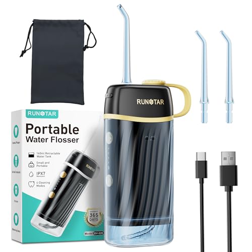 Runstar Hydropulseur Jet Dentaire Électrique Mini Portable, 160ml réservoir, 4modes (DIY/Normal/Impulsion/Doux) - Élimine 99% de la plaque dentaire, Soins...