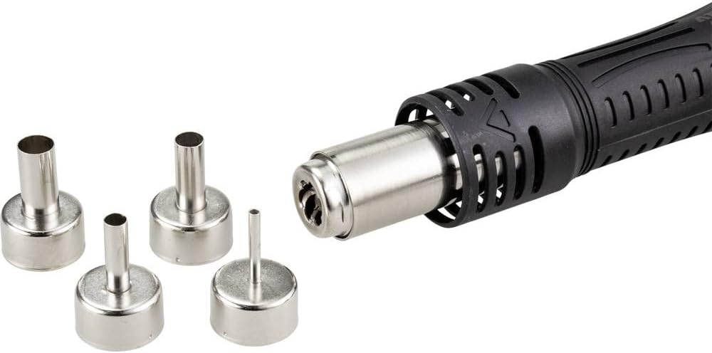 Close-up of hot air gun nozzle attachment mechanism and various nozzle sizes