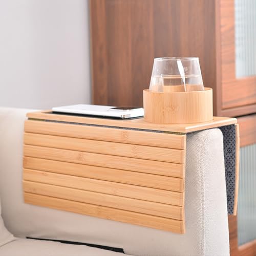 Bandeja para reposabrazos de sofá y mesa auxiliar de bambú para aperitivos en el cine en casa 7