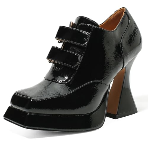 Women's Platform Pumps Patent Leather Chunky Heels Square Toe High Heel Booties Platform Boots for Women Dress Shoes
