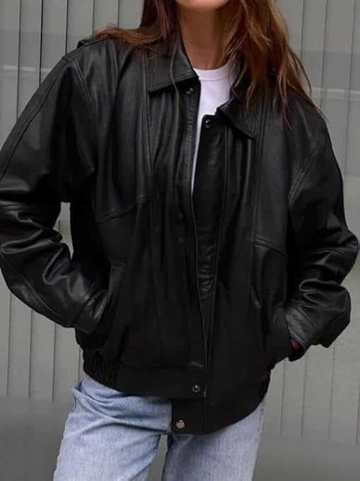 Women’s Fashion 90'S Ultra Vintage Oversized Classic Style Genuine Leather Bomber Jacket3